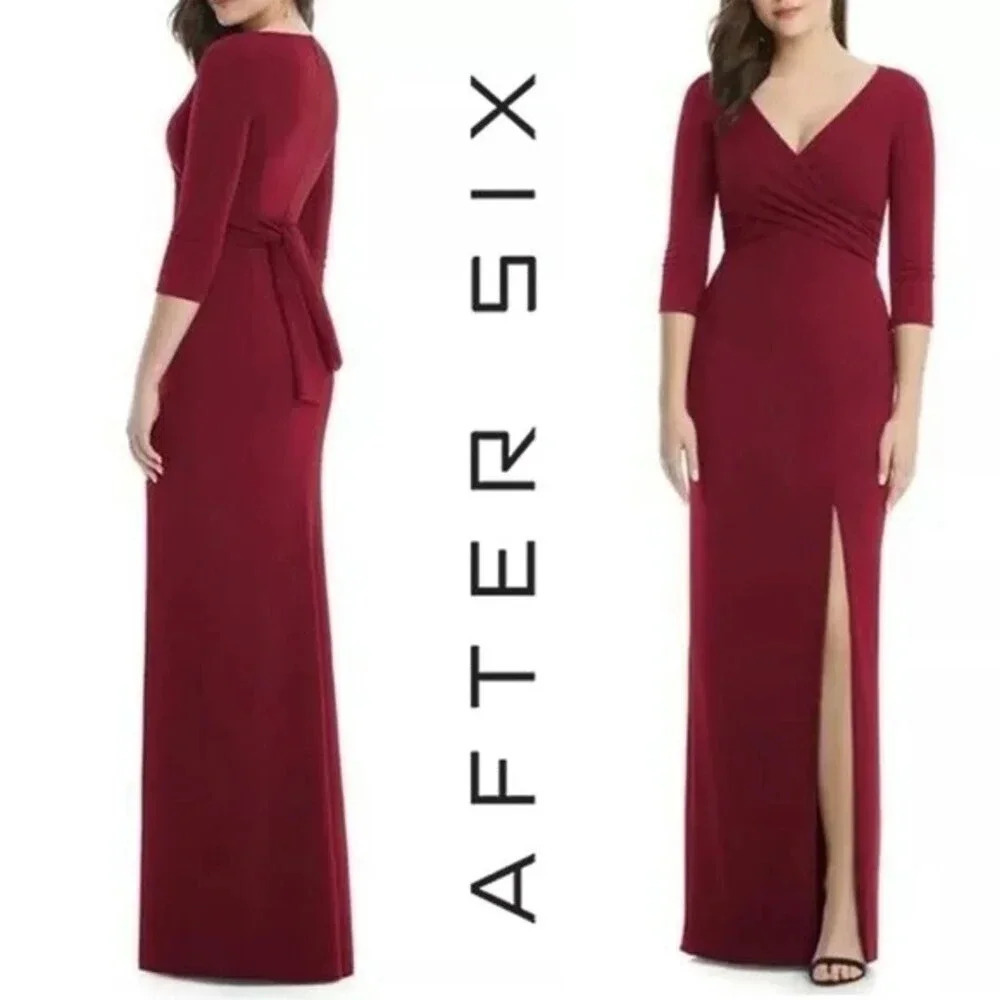 NWT, After Six, Wrap Crepe Column Dress, 3/4‎ length sleeves, Burgundy, 6814